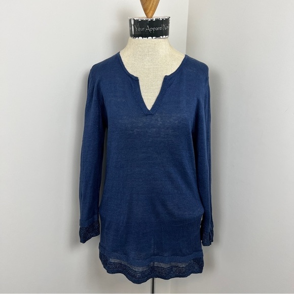 ALBERTOBINI Blue Linen Long Sleeve V Neck Top (165) - Picture 1 of 8